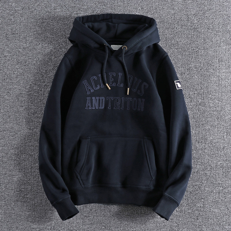 代购香港潮男美式秋冬宽松舒适加绒保暖刺绣图案男士连帽卫衣外套