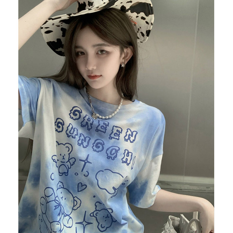 여성용 유럽 대형 버전 블루 퓨어 코튼 반팔 티셔츠 2024 뉴 여름 INS 트렌디 브랜드 하이 엔드 하의 누락 탑