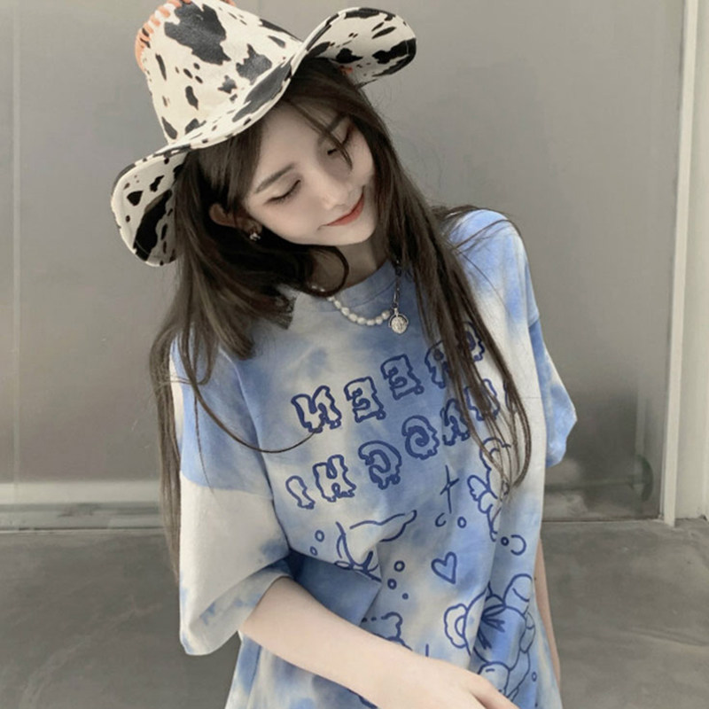 여성용 유럽 대형 버전 블루 퓨어 코튼 반팔 티셔츠 2024 뉴 여름 INS 트렌디 브랜드 하이 엔드 하의 누락 탑