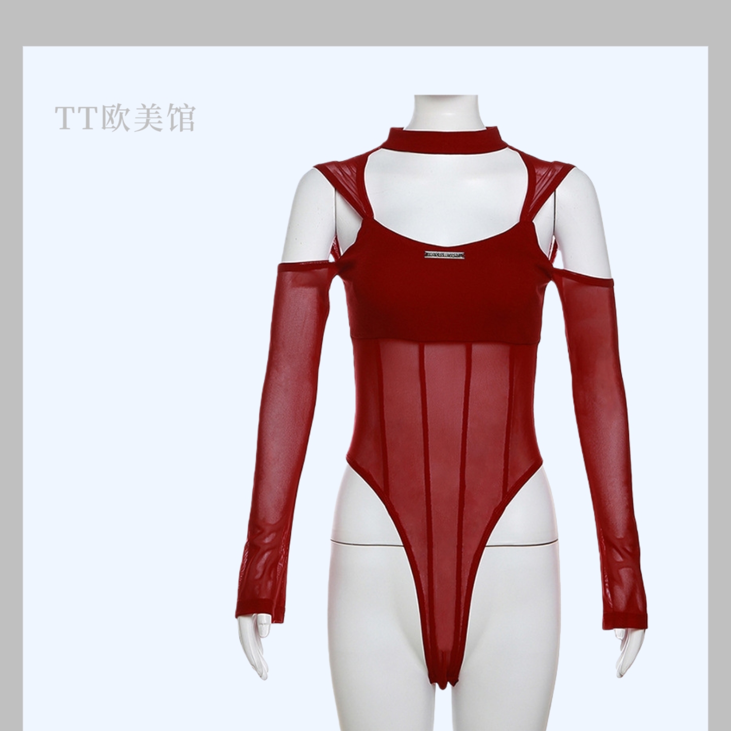 纯欲风性感网纱拼接镂空连身T恤时尚新款小众设计师款修身连体衣