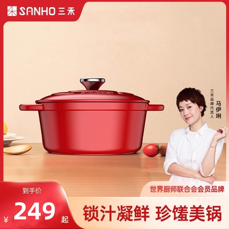 三禾珐琅铸锅铁锅家用不粘炖锅炖鸡汤一体多用锅无涂层大容量22CM