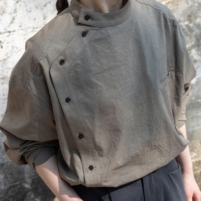 新中式复古灰咖色斜襟立领衬衫女