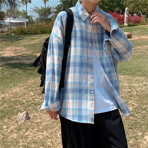 910A- W1048港风春秋格子衬衣休闲男士潮流长袖衬衫情侣图片