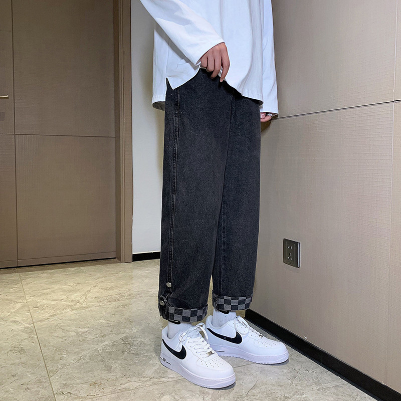 港风男士宽松直筒潮牌春秋季九分裤潮流纯色休闲牛仔裤,男装牛仔裤,星座910A
