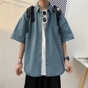 910A-C05-P40控55 夏季港风情侣学院原宿ins风牛仔衬衫男女潮图片