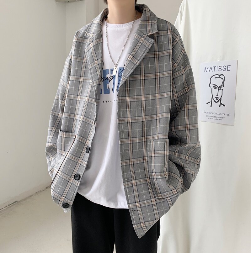 910A-W02港风春秋格子百搭情侣西装西服图片