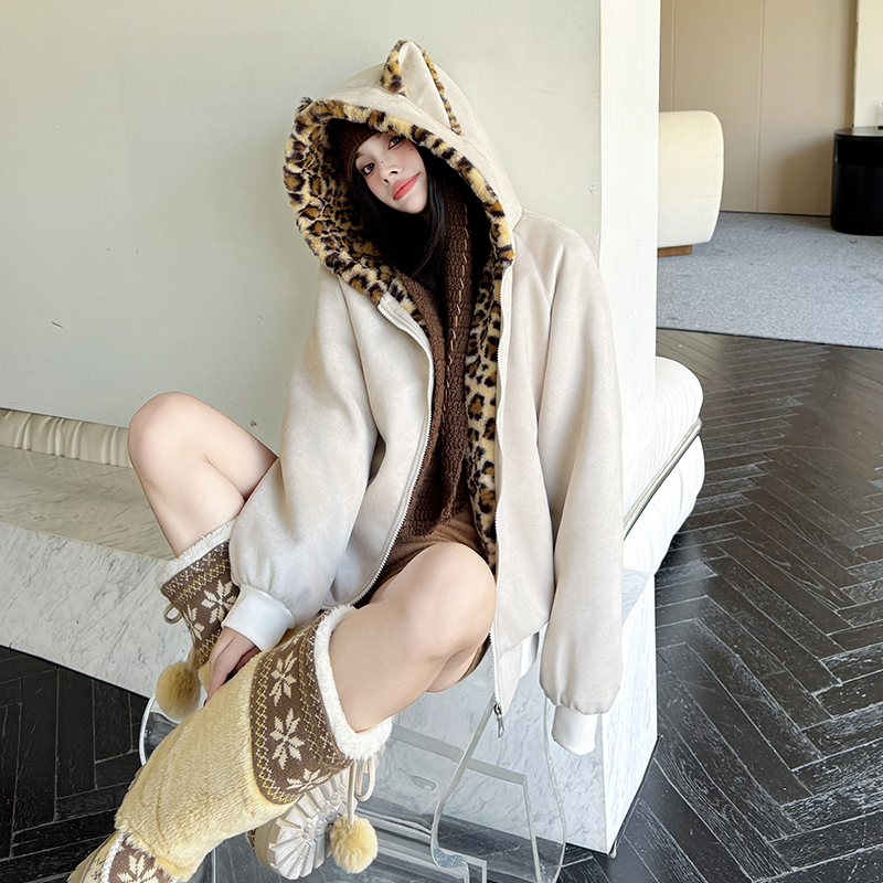 美式豹纹棉服女2025新款冬季加厚