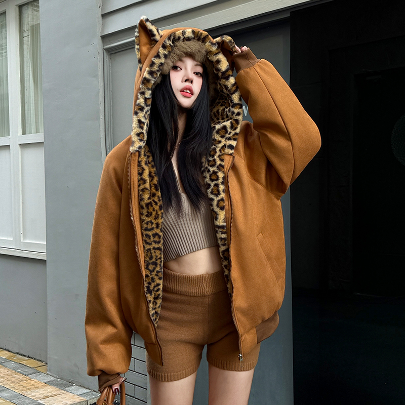 美式豹纹棉服女2025新款冬季加厚