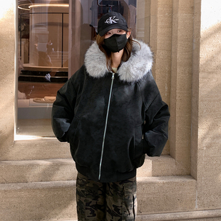 棉服女款2025新款冬季加绒加厚棉袄美式荔枝纹宽松棉衣座山雕外套