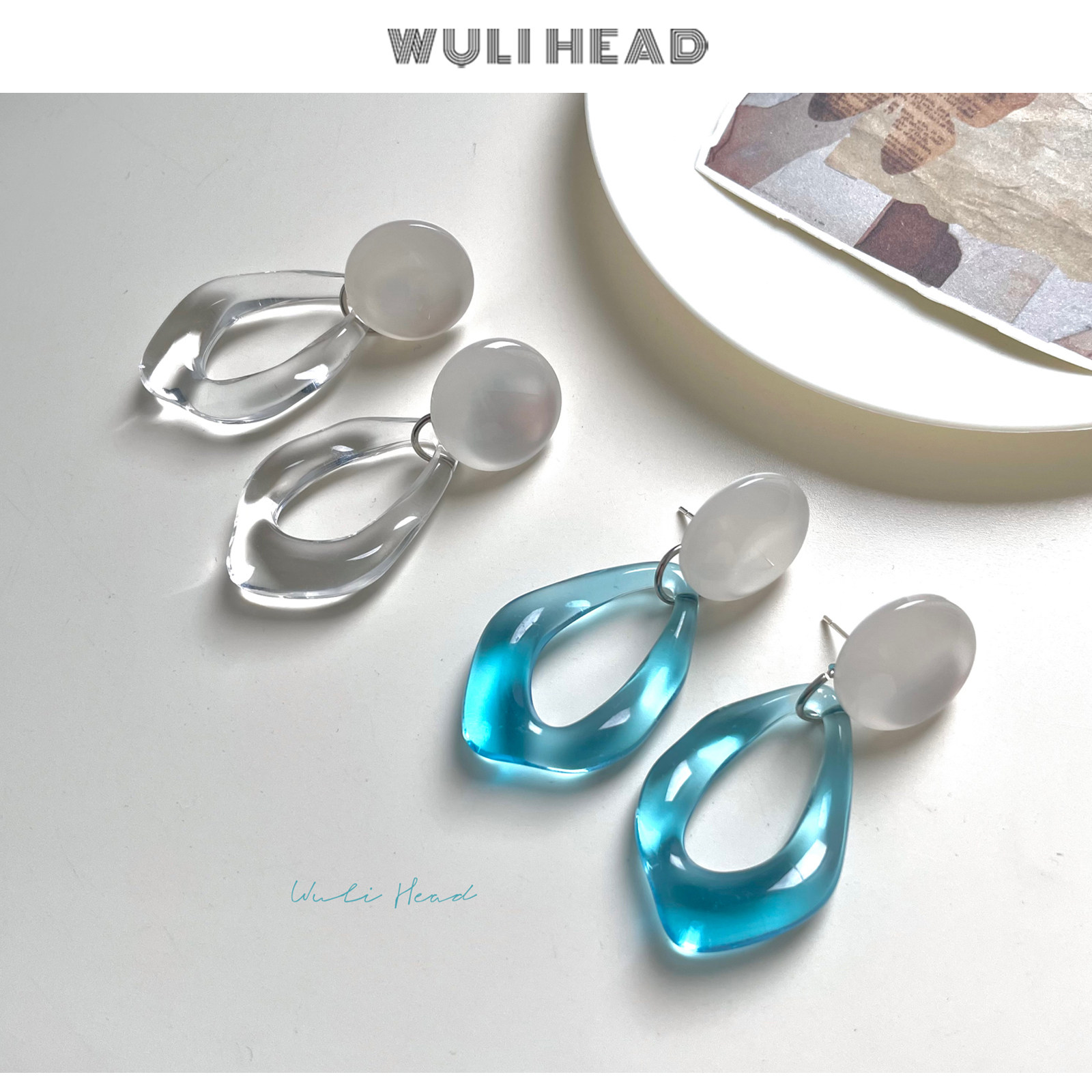 透明感法式复古气质几何水滴耳环