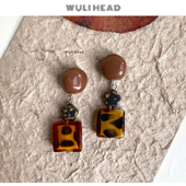 焦糖豹纹 售完无补 自制复古棕色方糖花朵耳钉耳环耳夹