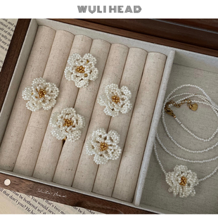 [ 无厘头 ] 白色山茶花 自制法式高级感串珠花朵百搭耳钉耳环耳夹