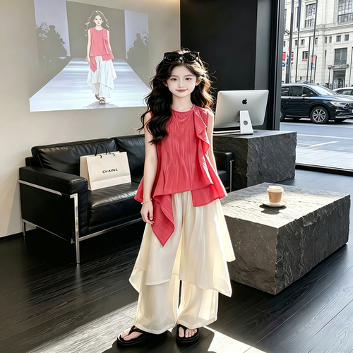 韩版女童2026夏季两件套不规则无袖上衣舒适休闲套装中大童时尚潮