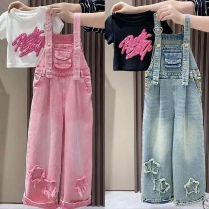女童牛仔背带裤夏季套装2025新款洋气网红短袖中大童两件套潮