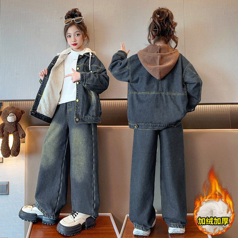 女童加绒春秋冬装套装2024新款韩版秋装洋气儿童冬季牛仔两件套