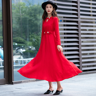 拼接长裙 长袖 原创精品棉麻连衣裙2020新款 素订中国风显瘦气质修身