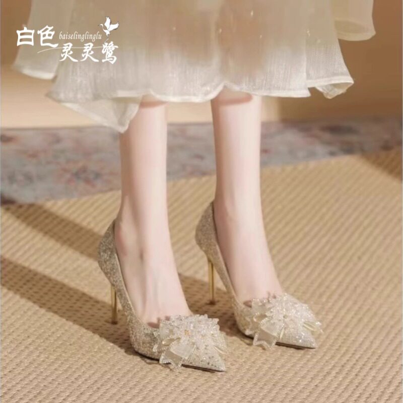 花朵绝美水晶高跟鞋女细跟香槟色订婚鞋禾秀婚纱两穿新娘鞋宴会鞋