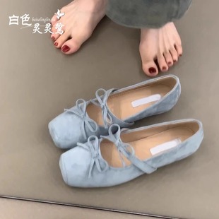 內增高方頭藍色蝴蝶結淺口單鞋 春夏法式 芭蕾舞瑪麗珍鞋 女2025新款
