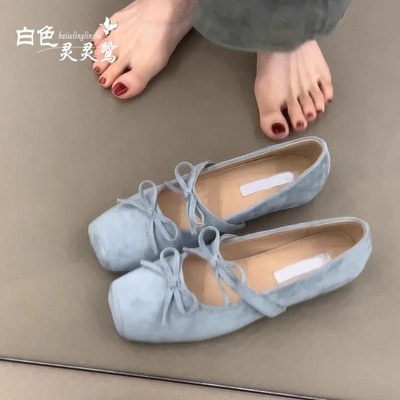 内增高方头蓝色蝴蝶结浅口单鞋