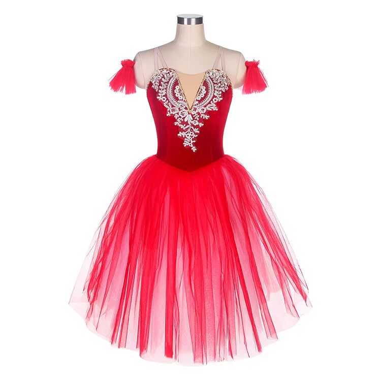 芭蕾舞裙演出红色女童专业舞蹈长裙纱裙篷篷裙舞台仙女芭蕾演出服