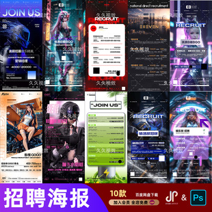 酒吧夜店KTV高薪诚聘服务员销售经理前台招聘朋友圈海报PSD模板