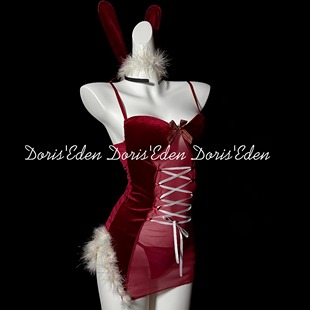 DE家·圣诞跨年胸垫吊带睡裙性感丝绒网纱套装 约会内衣情侣睡衣