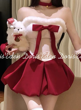 DE家·圣诞新年战袍·性感红色抹胸丝绒睡裙兔女郎制服约会qqny