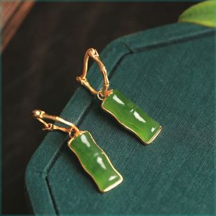 S925纯银镶嵌和田玉碧玉竹节耳环女新中式国风旗袍汉服耳耳坠饰品