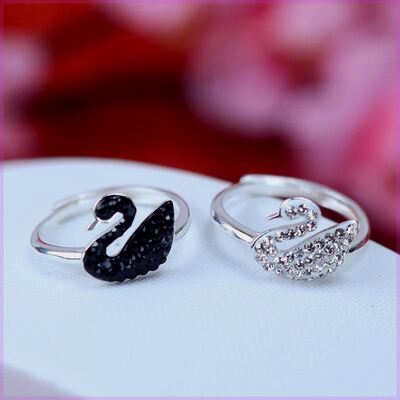 s925纯银黑白红色天鹅戒指女新款优雅精致闪耀水晶日韩开口食指环