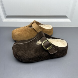 撤柜断码头层牛皮勃肯鞋女秋冬加棉厚底圆头一脚蹬懒人包头拖鞋