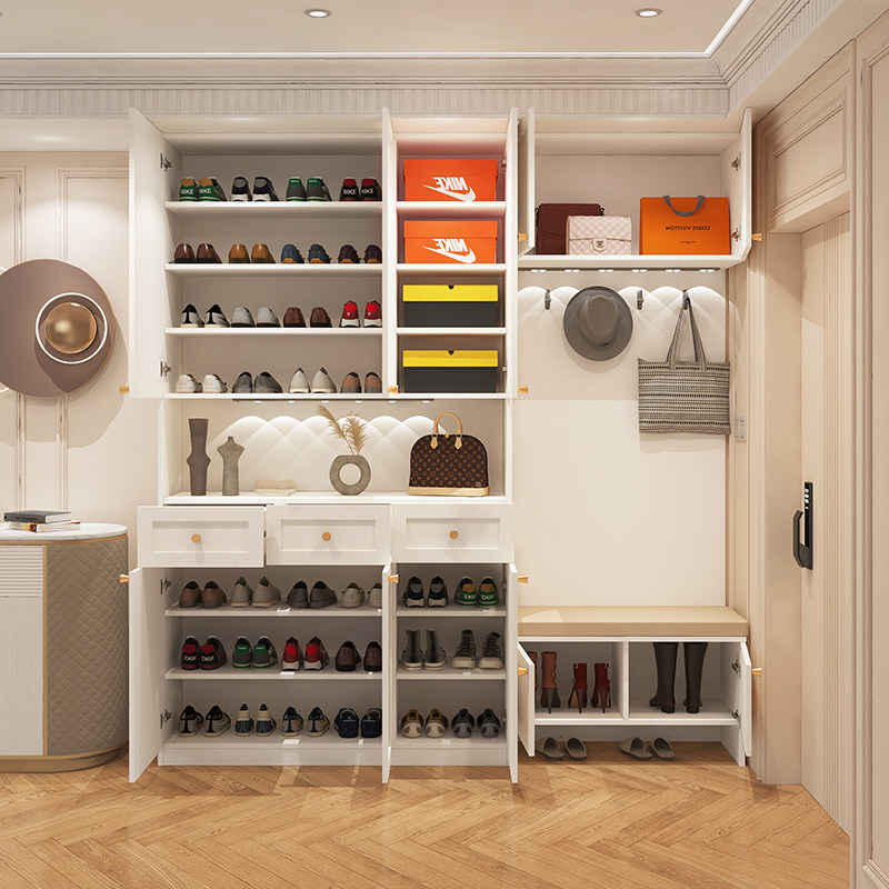 法式奶油风挂衣鞋柜一体坐凳靠墙入户G玄关隔断柜客厅实木衣柜定