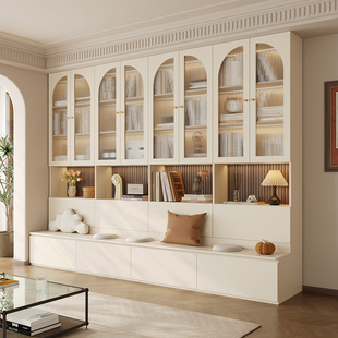 法式覆古整墙书柜卡座一体收纳柜小户型去客厅化书橱定制组合柜子