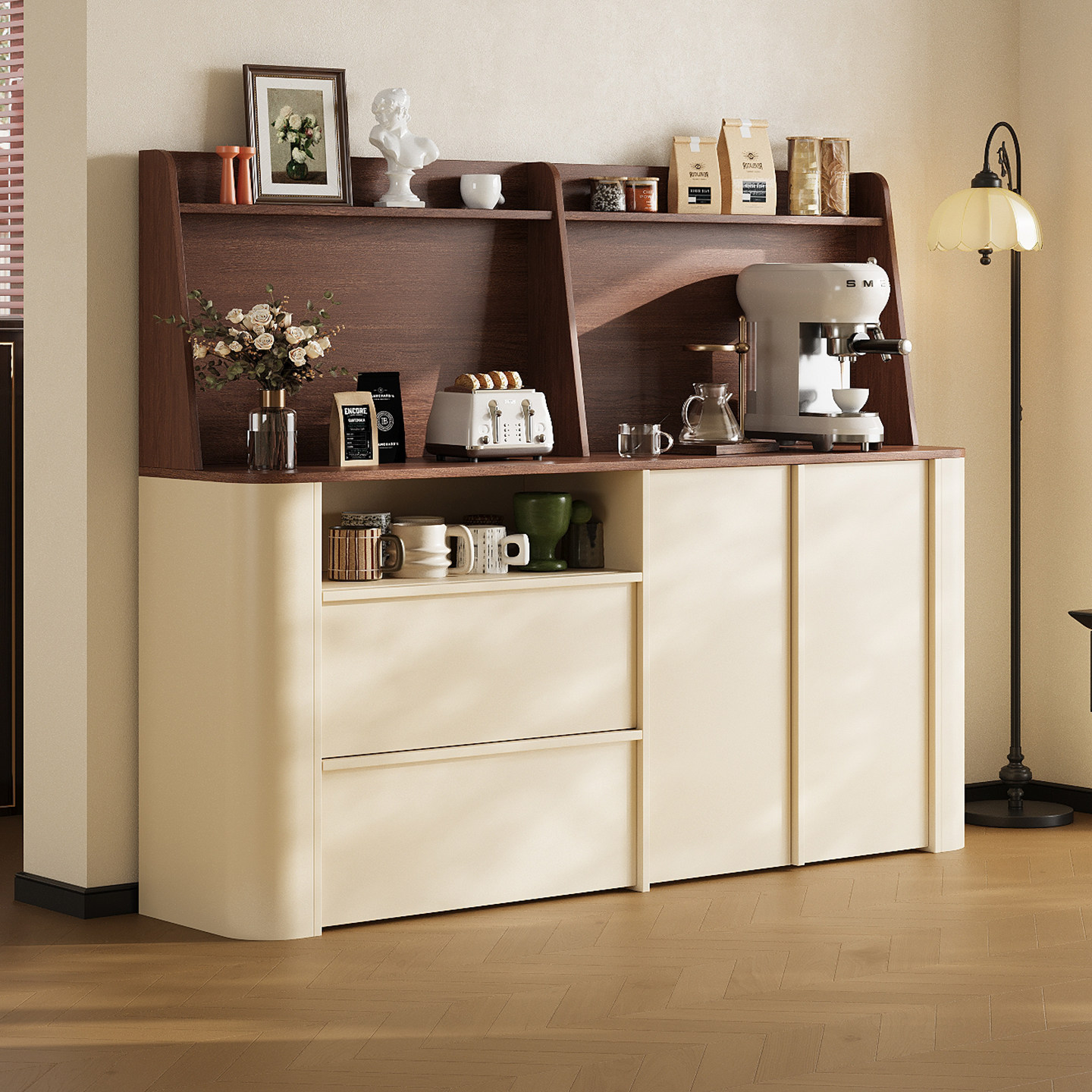 奶油中古风餐边柜靠墙一体储物柜圆弧斗柜客厅置物柜骨骼线茶水柜,住宅家具,餐边柜,淘宝优惠券,粉丝福利购,淘宝优惠卷