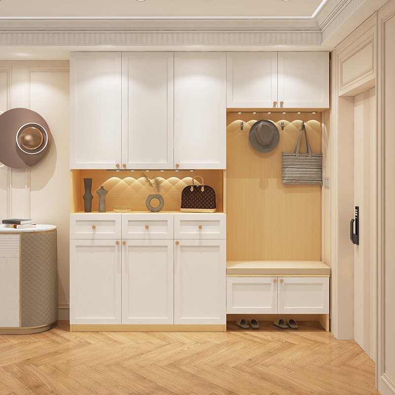 法式奶油风挂衣鞋柜一体坐凳靠墙入户玄关隔断柜客厅实木定制