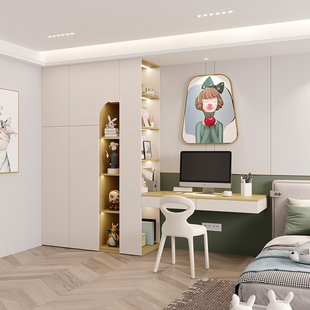 男女儿童实木衣柜书桌一体靠墙组合卧室写字桌学生置物架书架轻奢