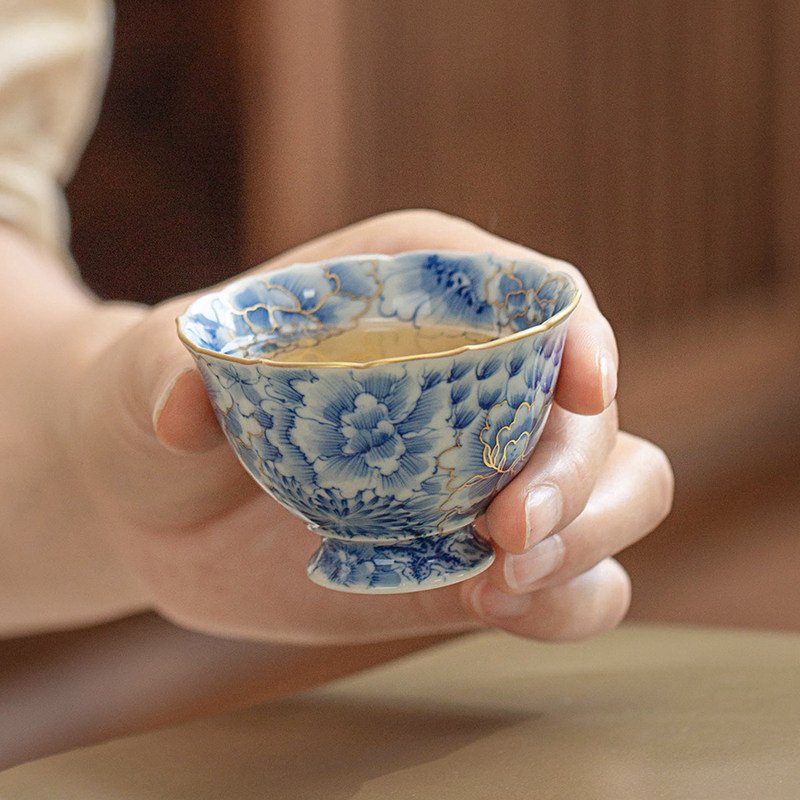 一思堂陶瓷茶杯 景德镇手绘柴窑青花描金万花个人高档功夫品茗杯