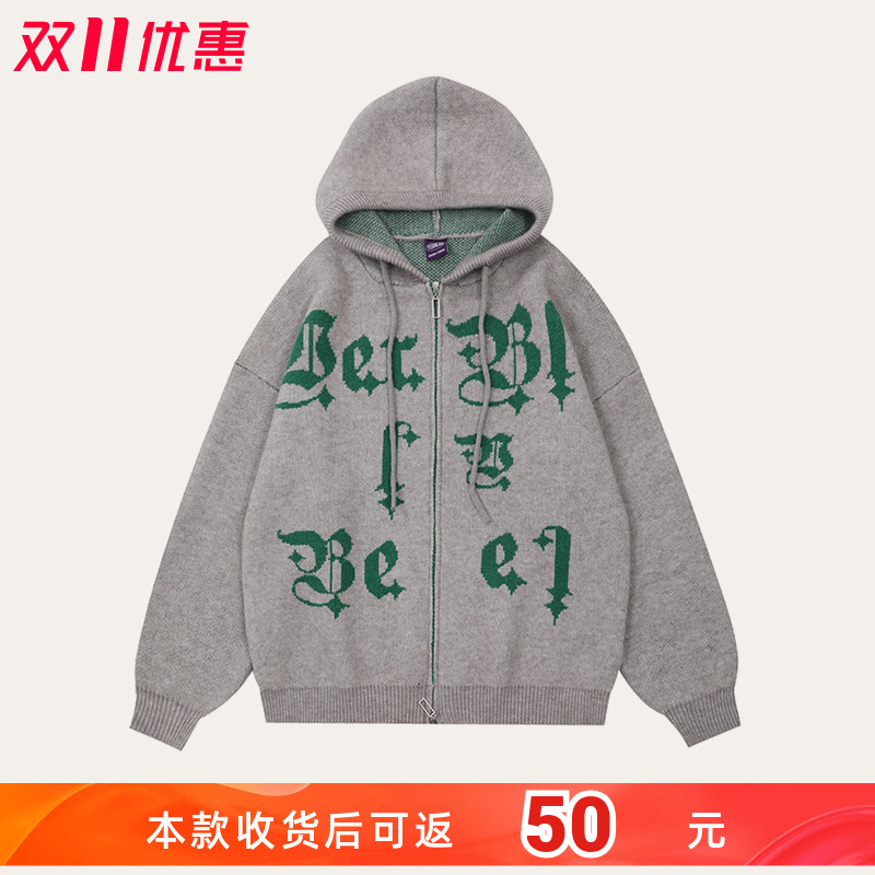 美式潮牌字母连帽针织衫