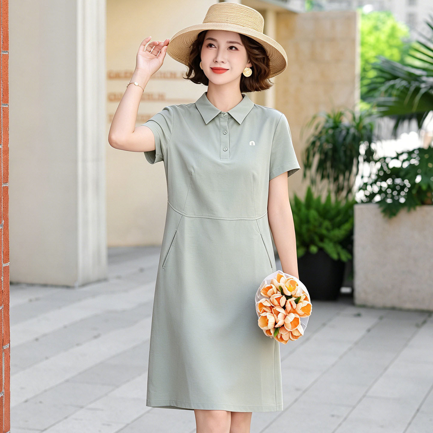连衣裙女装妈妈简约2026裙子翻领中老年领休闲夏季运动POLO装短袖
