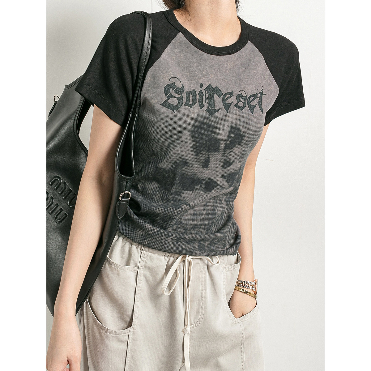 潮葩 美式复古印花 灰色拼接后背绑带短袖女t恤夏2026新款上衣