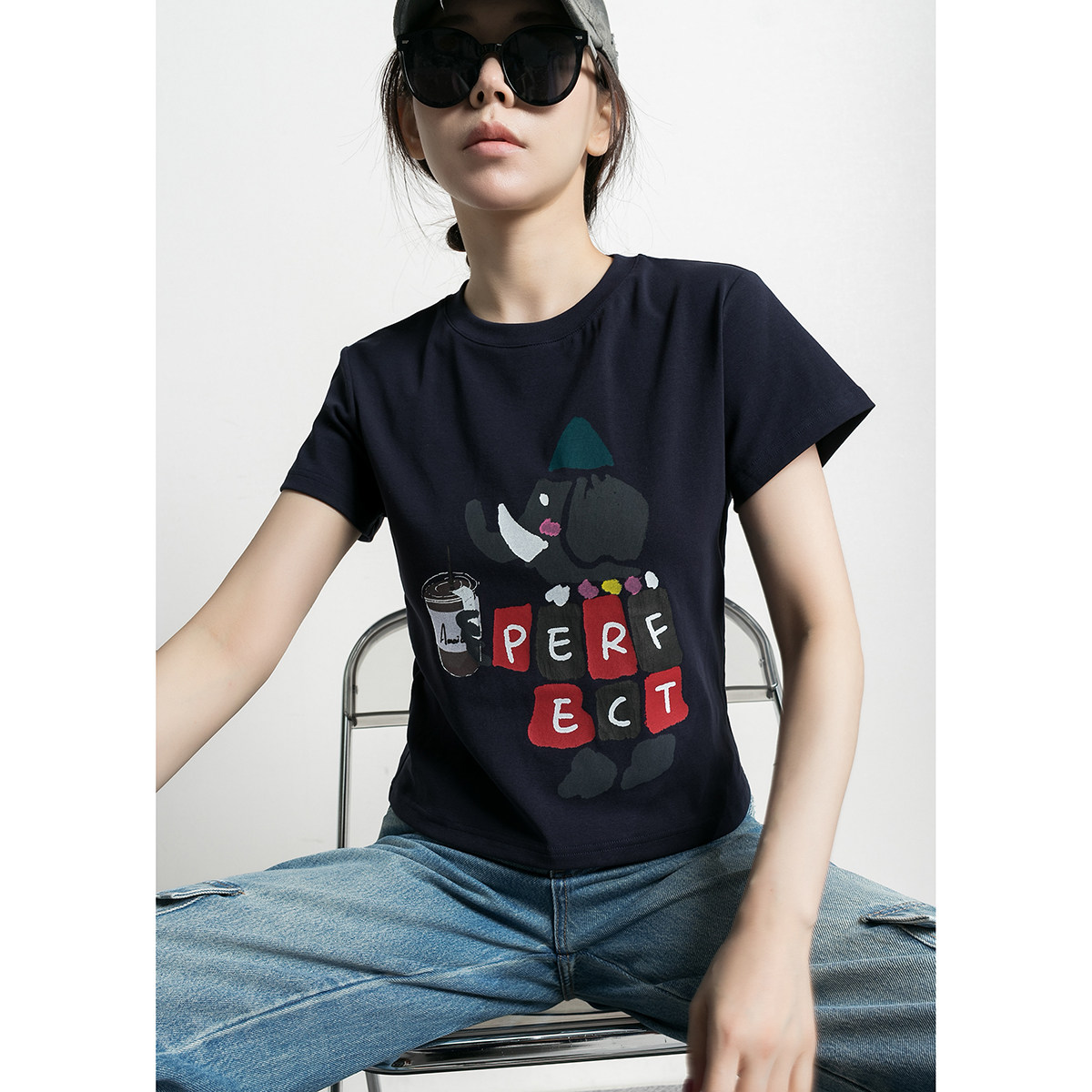 孤品|趣味大象印花 藏蓝色短款修身圆领短袖女t恤夏2026新款上衣
