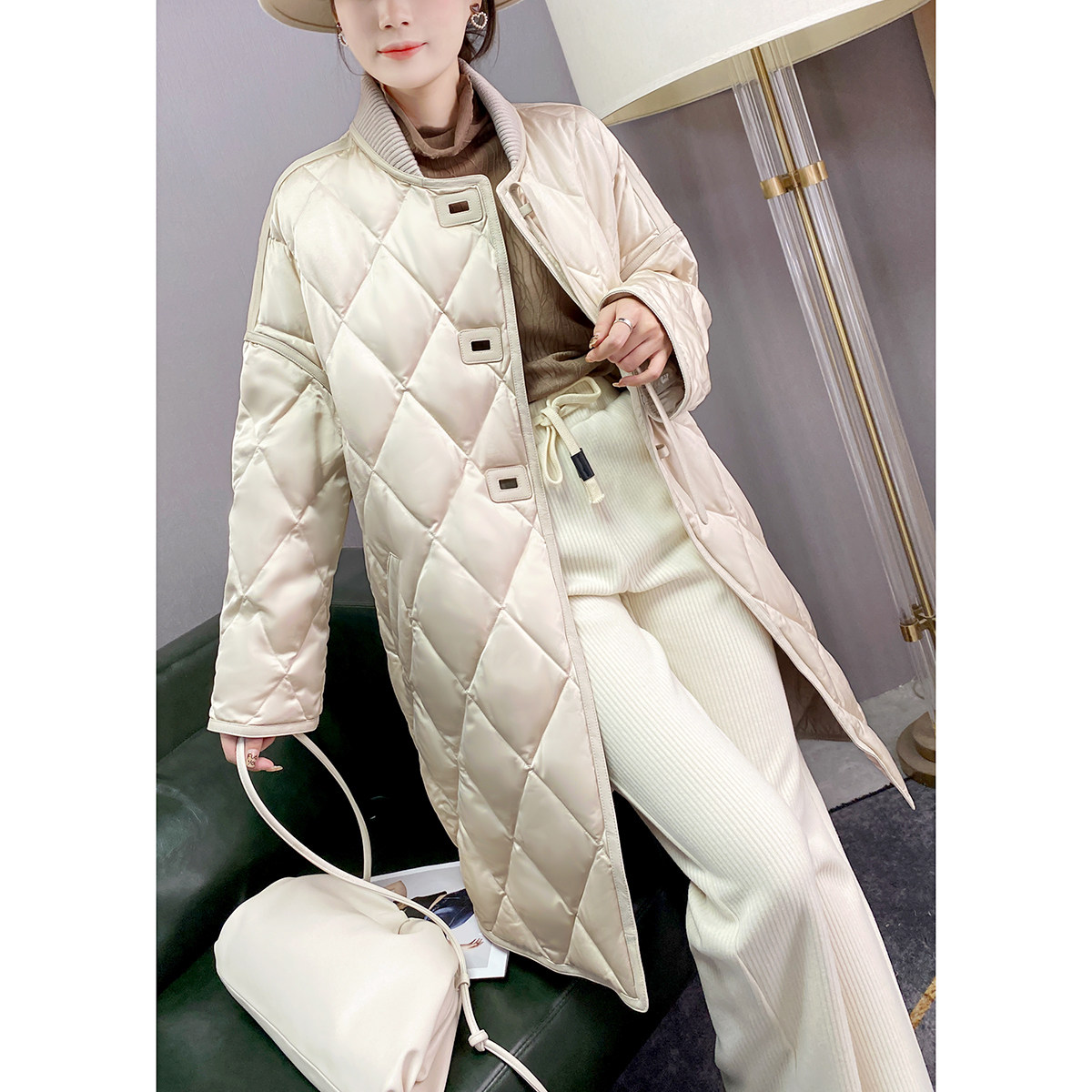 清仓 |  端奢华  白鹅绒真皮拼接轻薄羽绒服女冬季新款中长款外套