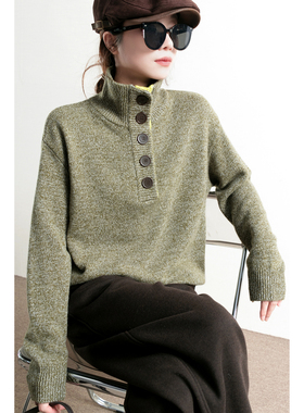 TidePA | Barnfit巴恩风 大纽扣花绿色1oo%羊毛衫女2025新款毛衣