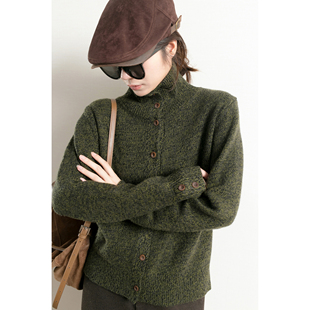 女2025新款 软糯1oo%羊毛花绿色高领针织开衫 高智chill TidePA