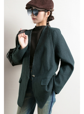 TidePA | 酷飒Cleanfit 静奢1oo%亚麻墨绿色V领一粒扣西装女外套