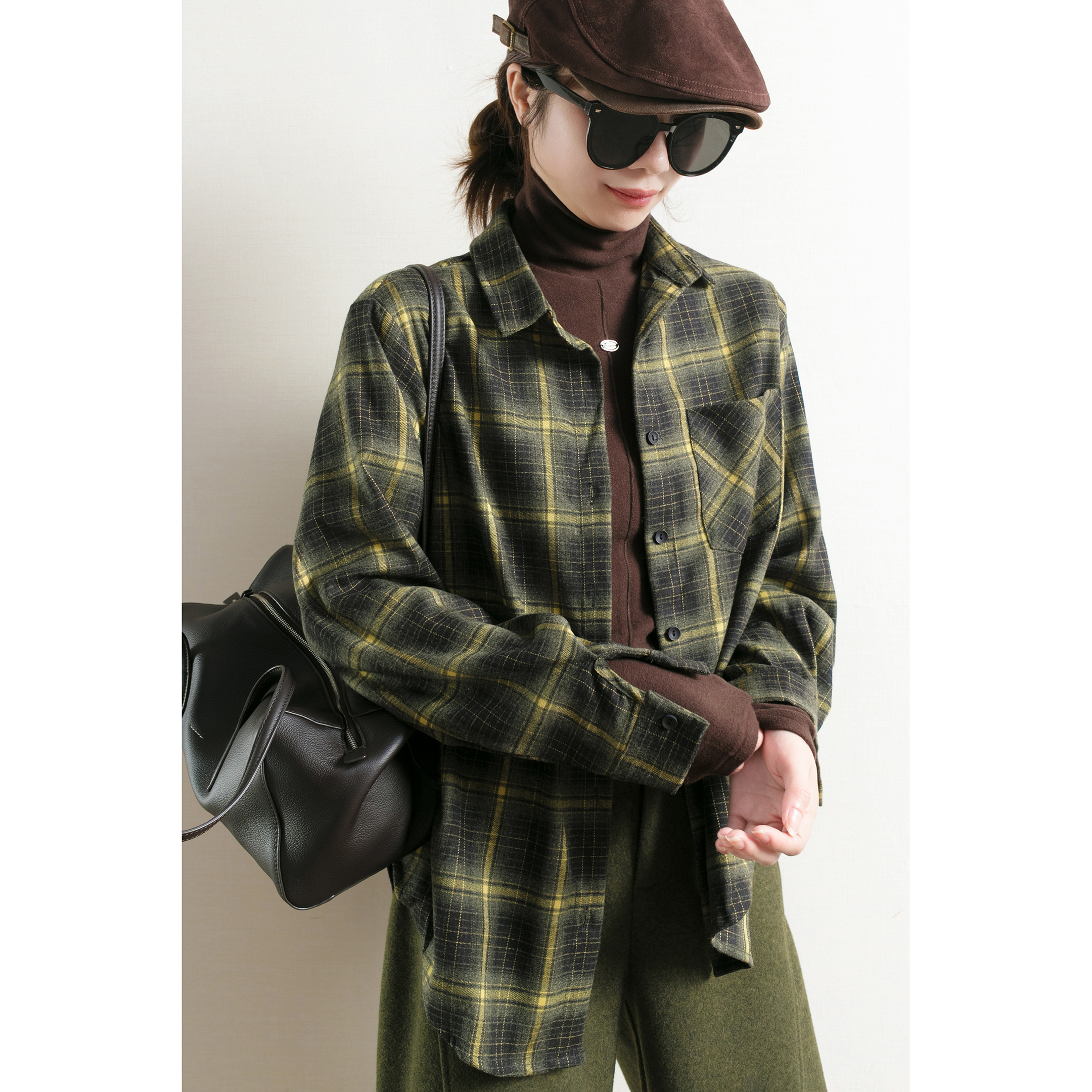 巴恩风磨毛厚款绿格子宽松衬衫女