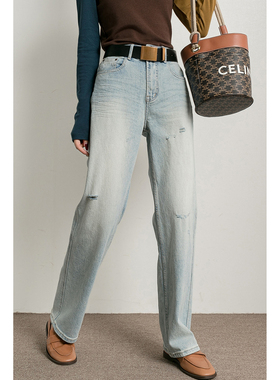 潮葩 洗水磨白做旧 浅蓝色直筒牛仔裤女2025年新款春秋破洞长裤子