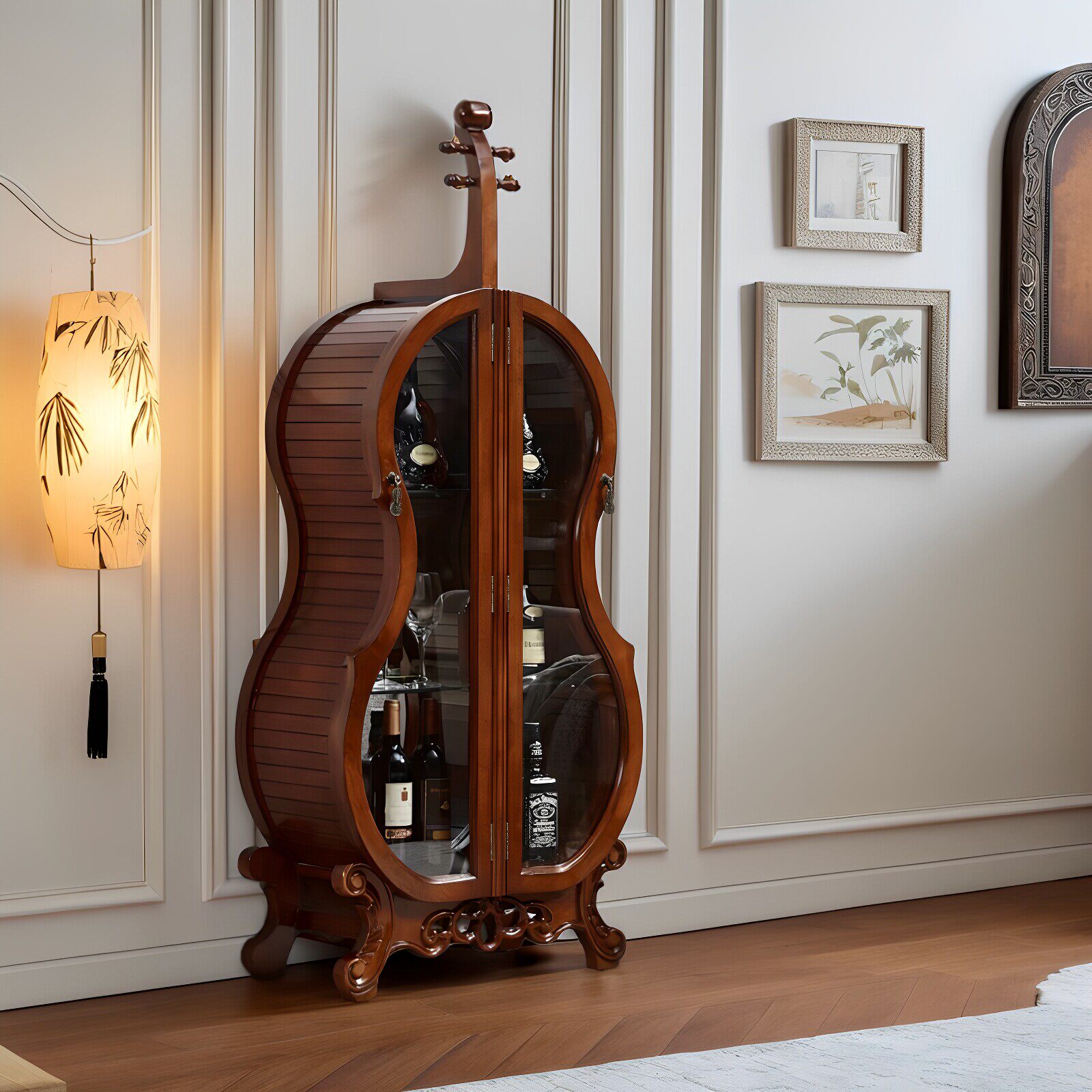 美式实木酒柜小提琴酒柜客厅落地展示柜复古钢化玻璃门储物柜靠墙