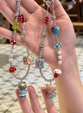 49原创夏日度假风黑皮k手机链条可爱卡通ccd挂绳甜酷串珠相机挂件