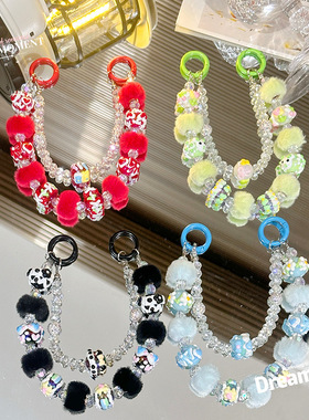 49新秋冬串珠毛球圈手绘珠双链手机背夹汽车钥匙扣挂饰包装饰