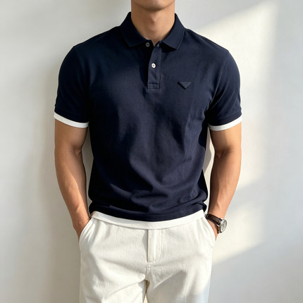 SEASON MARK三角标假两件POLO衫短袖商务休闲百搭正肩纯棉男士T恤
